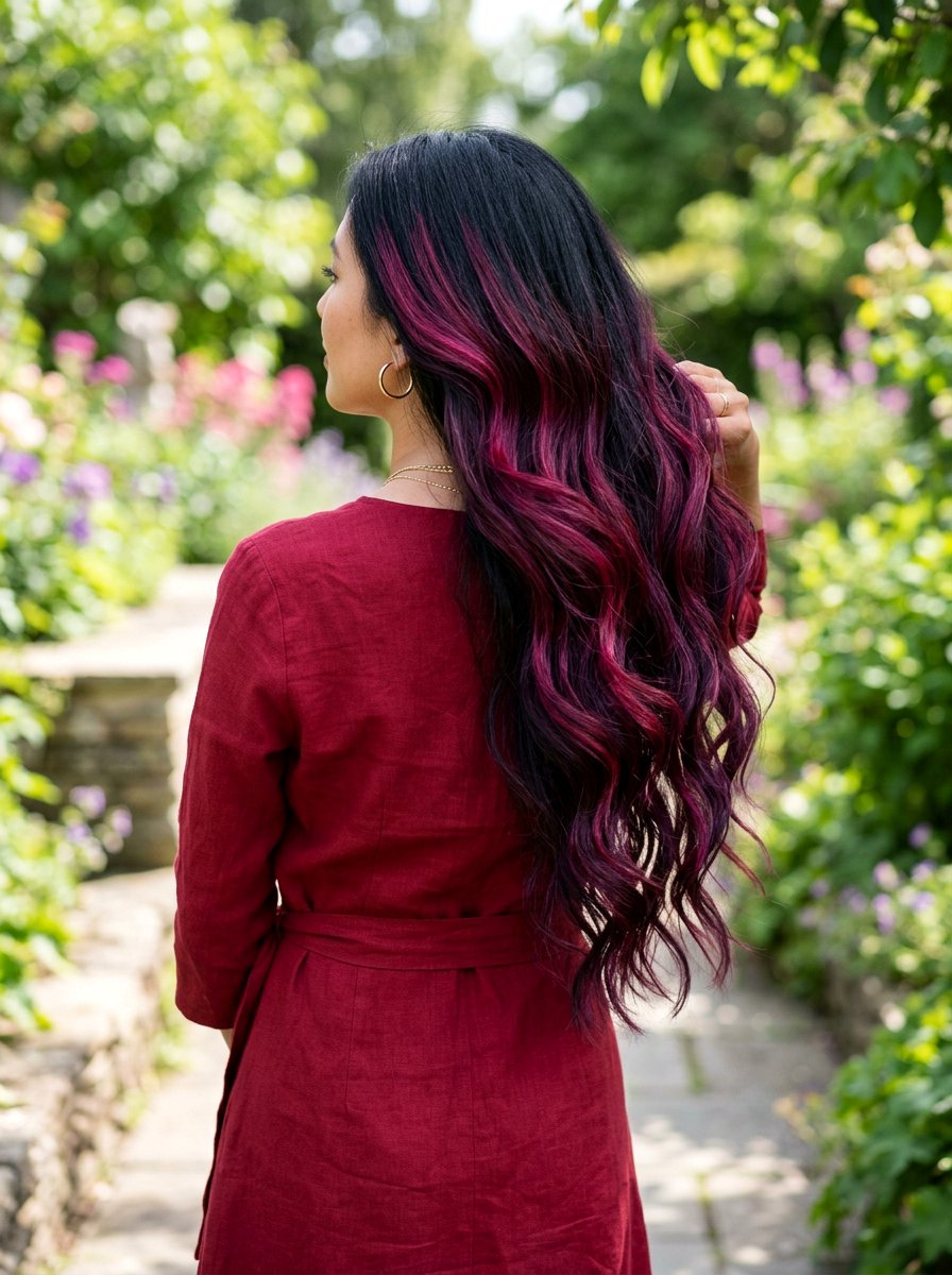 Purple and Red Balayage on Black Hair - 20 purple balayage with black roots - 20 purple balayage with black roots
