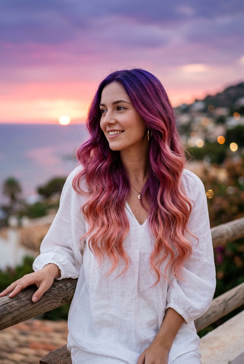 Purple to Pink Sunset Ombre - 20 sunset hair color ideas - 20 sunset hair color ideas