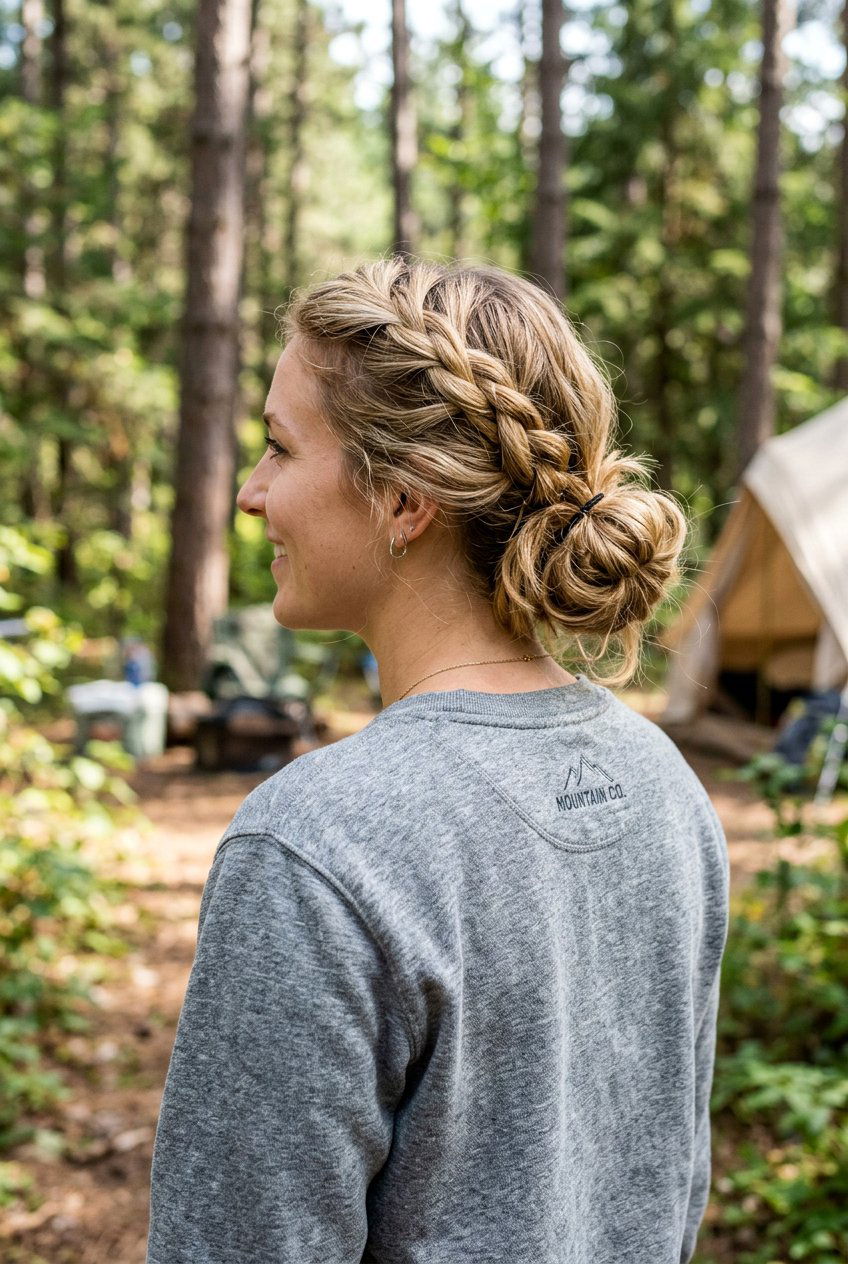 Quick Braided Bun For Second Day Camping Hair - 20 camping braid bun hairstyle - 20 camping braid bun hairstyle