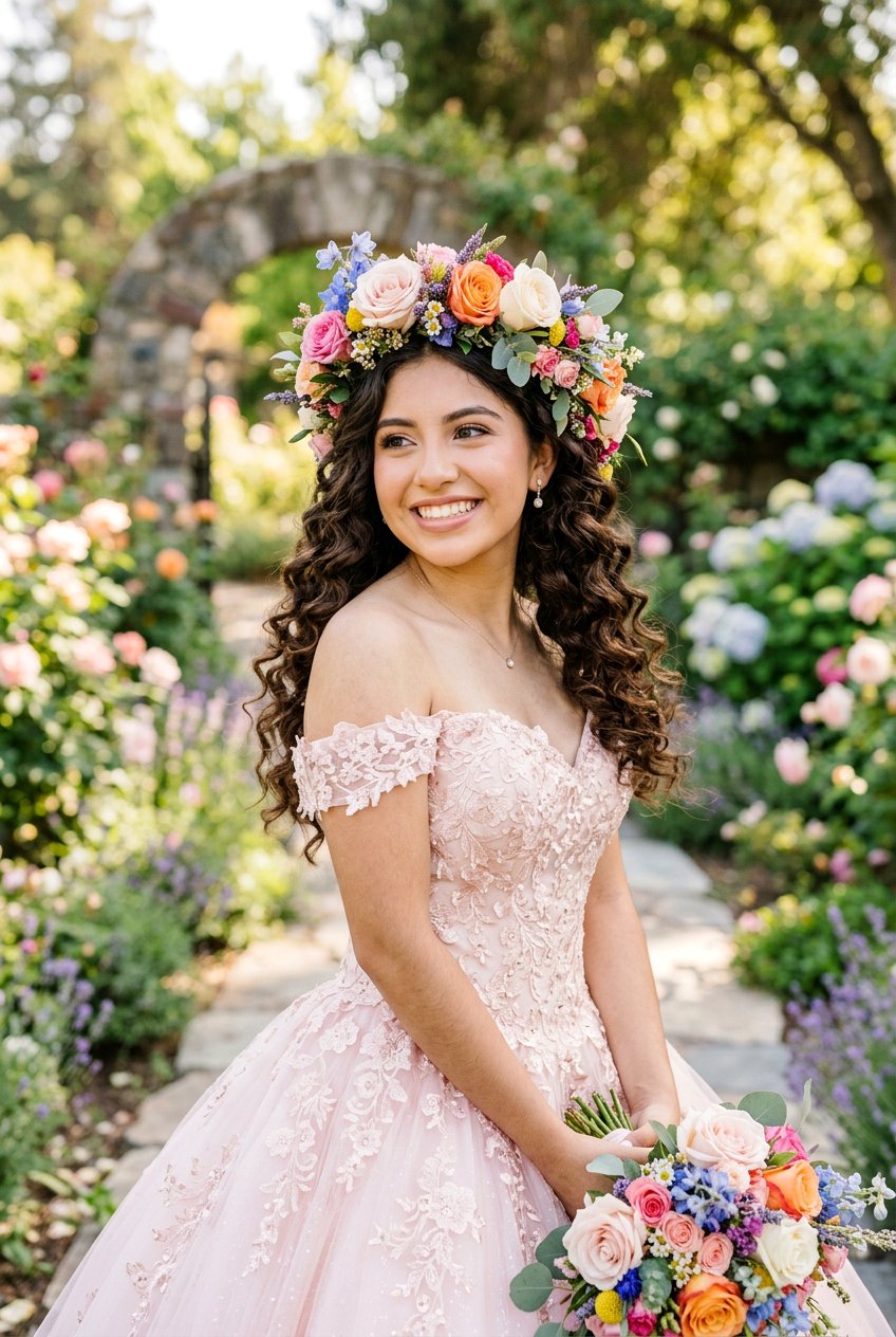 Quinceanera Flower Crown Hairstyle with Curls - 20 quinceanera hairstyles - 20 quinceanera hairstyles