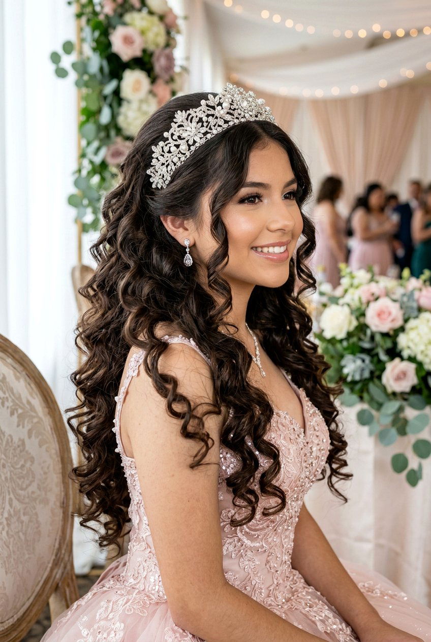 Quinceanera Long Flowing Curls Hairstyle - 20 quinceanera hairstyles - 20 quinceanera hairstyles