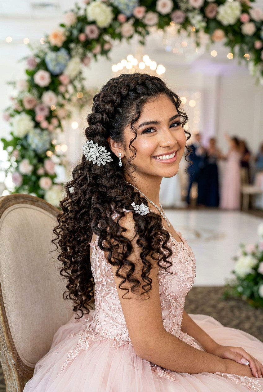 Quinceanera Side Braid with Curly Hair - 20 quinceanera hairstyles - 20 quinceanera hairstyles