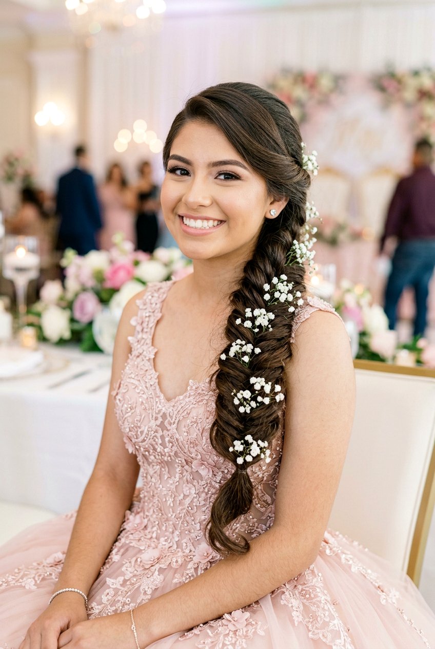 Quinceanera Side Swept Braid Hairstyle - 20 quinceanera hairstyles - 20 quinceanera hairstyles