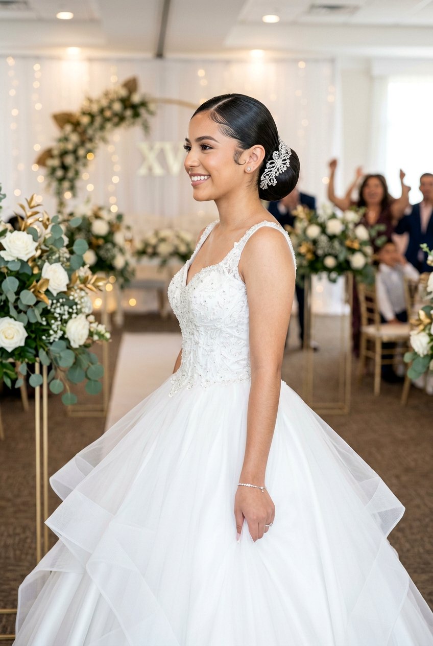 Quinceanera Sleek Slicked Back Bun - 20 quinceanera hairstyles - 20 quinceanera hairstyles