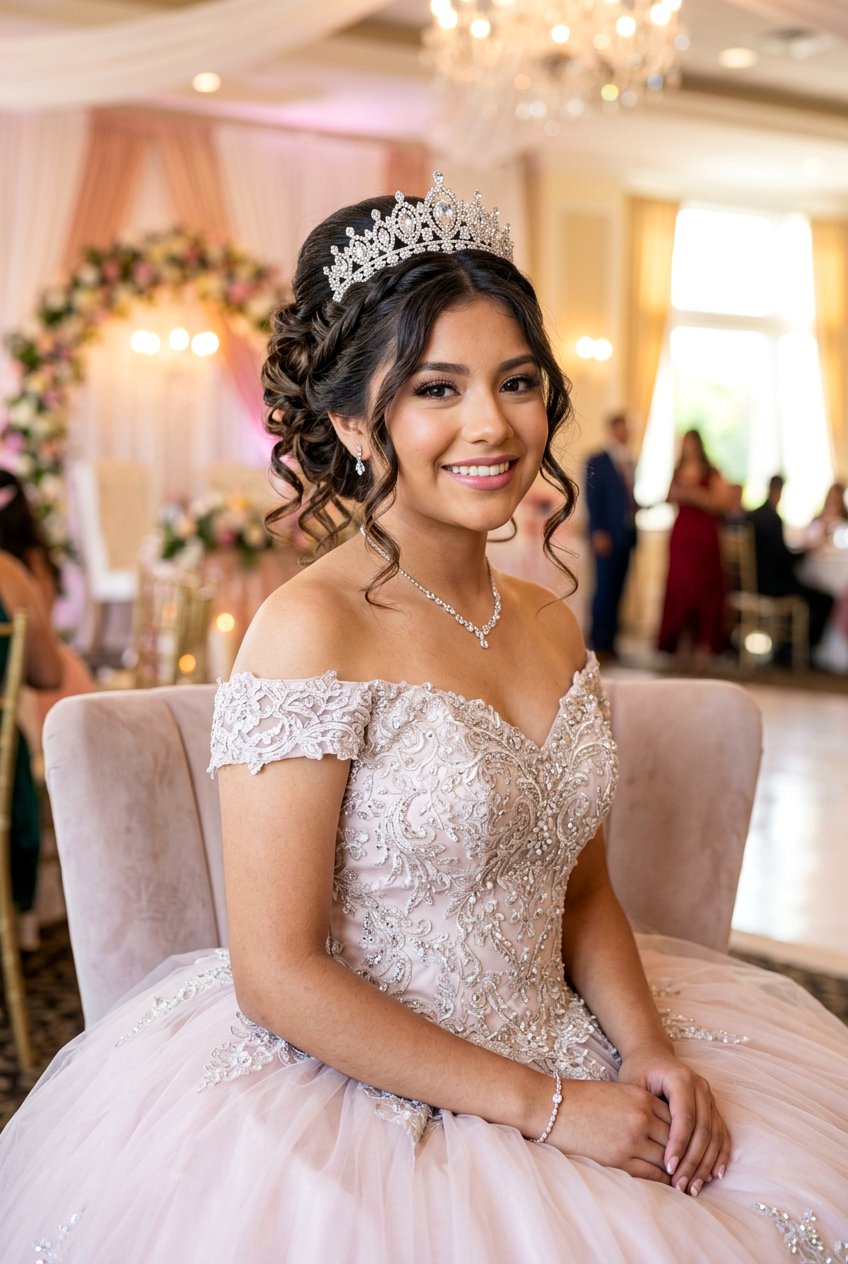 Quinceanera Tiara Updo with Soft Curls - 20 quinceanera hairstyles - 20 quinceanera hairstyles