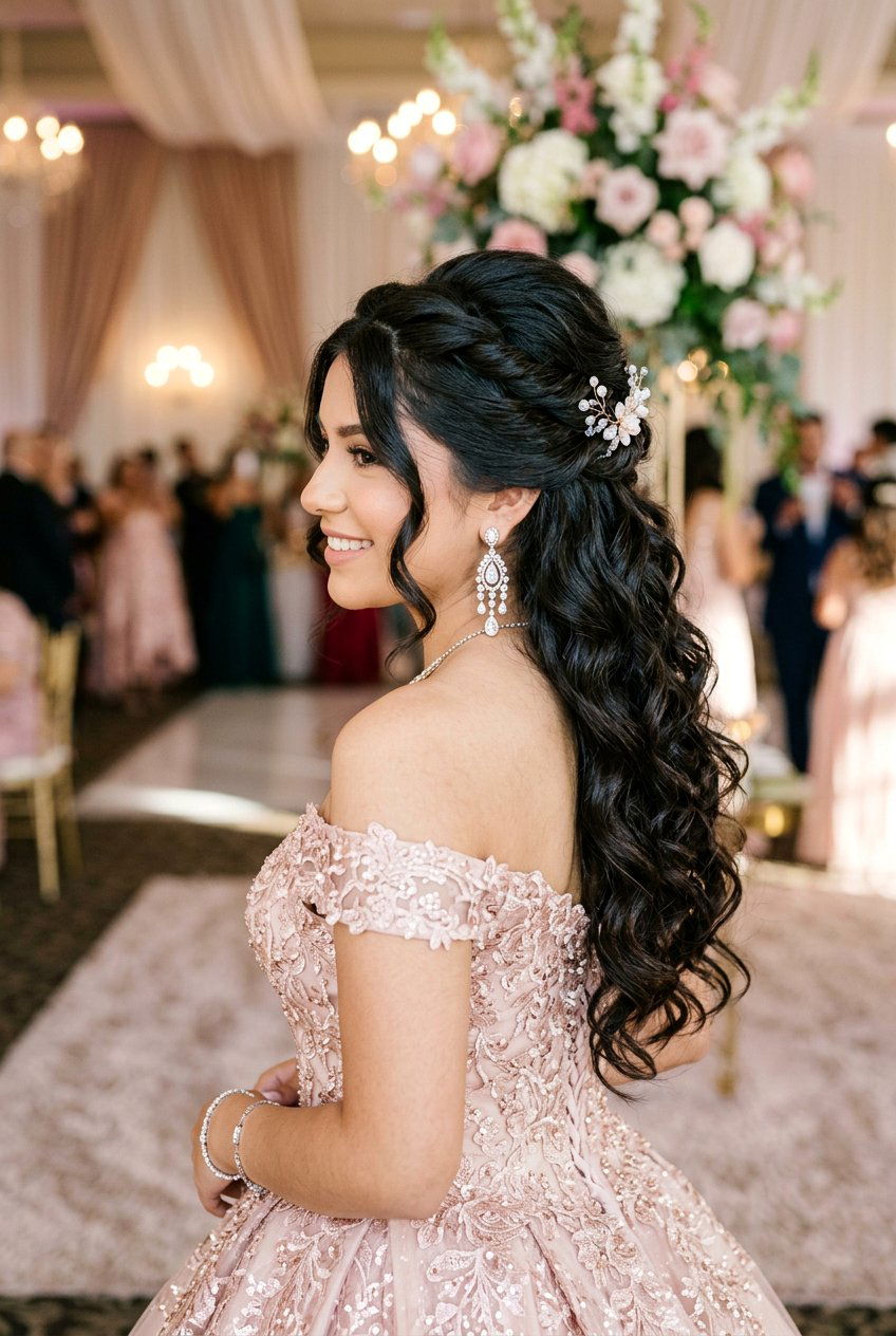 Quinceanera Twisted Half Up Hairstyle with Volume - 20 quinceanera hairstyles - 20 quinceanera hairstyles