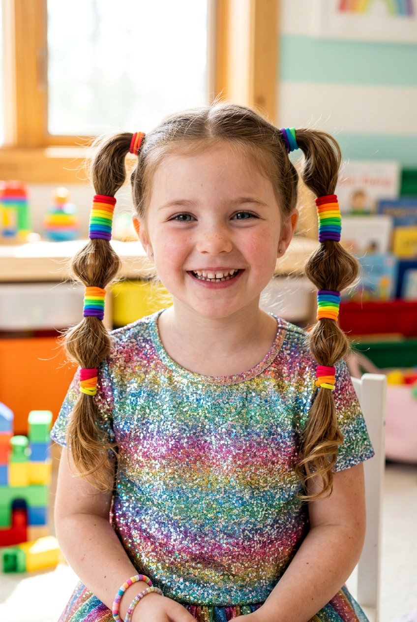 Rainbow Elastic Pigtails - 20 easy rubber band styles for kids - 20 easy rubber band styles for kids
