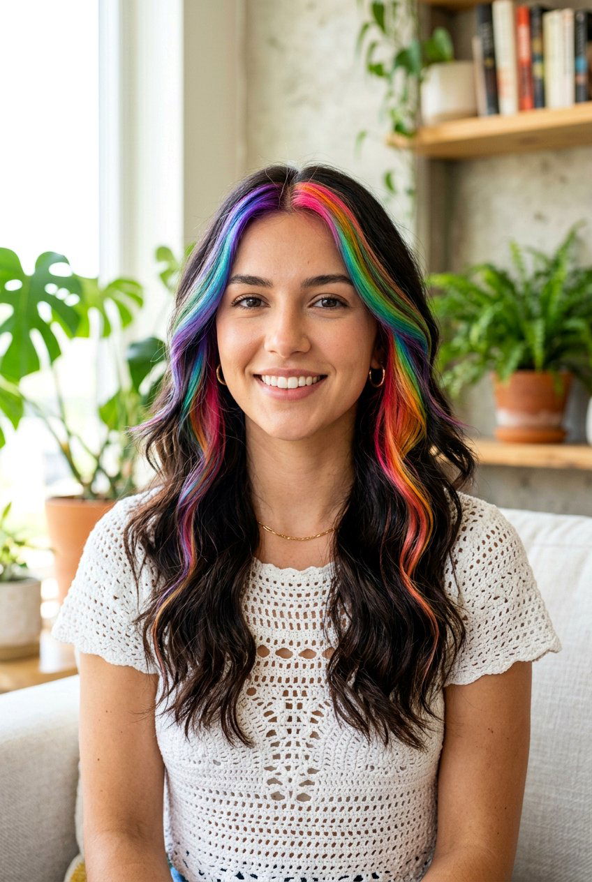 Rainbow Money Piece - 20 festival hair color ideas - 20 festival hair color ideas