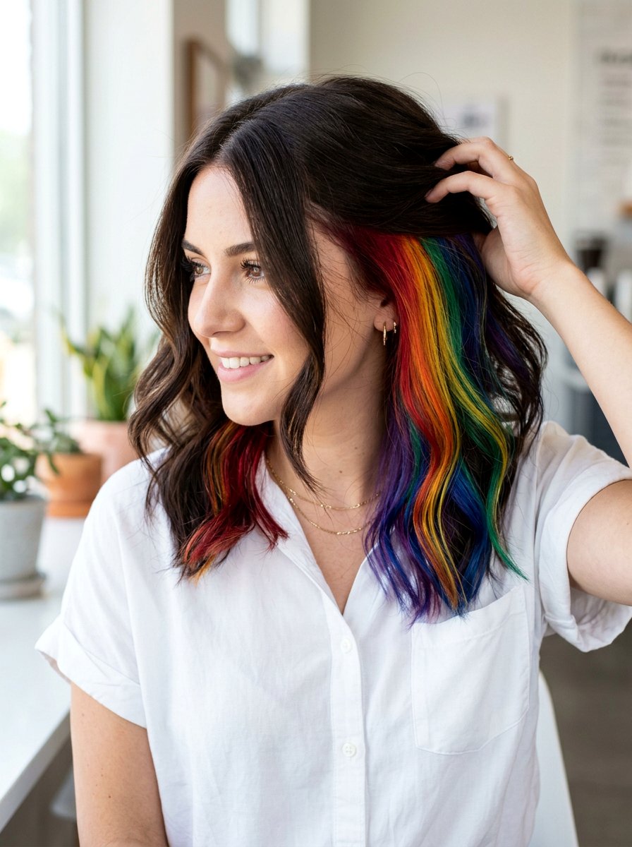 Rainbow Peekaboo Highlights Underneath Dark Hair - 20 holographic peekaboo hair - 20 holographic peekaboo hair