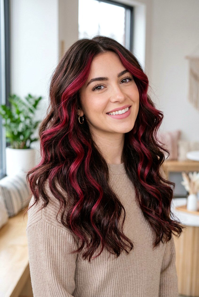 Raspberry Ribbon Highlights on Brunette Hair - 20 brunette ribbon highlights - 20 brunette ribbon highlights