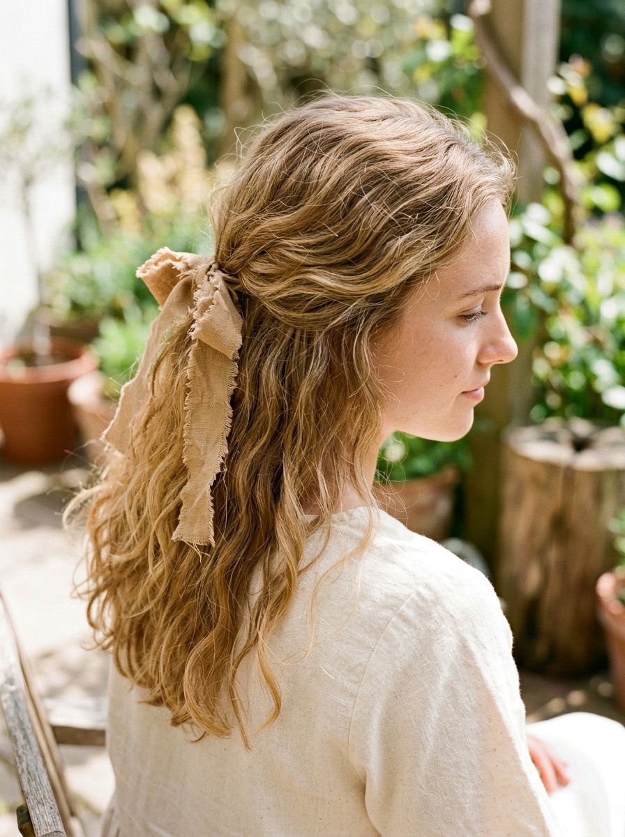 Raw Edge Linen Half Up Organic - 20 ribbon bow half up hairstyle - 20 ribbon bow half up hairstyle