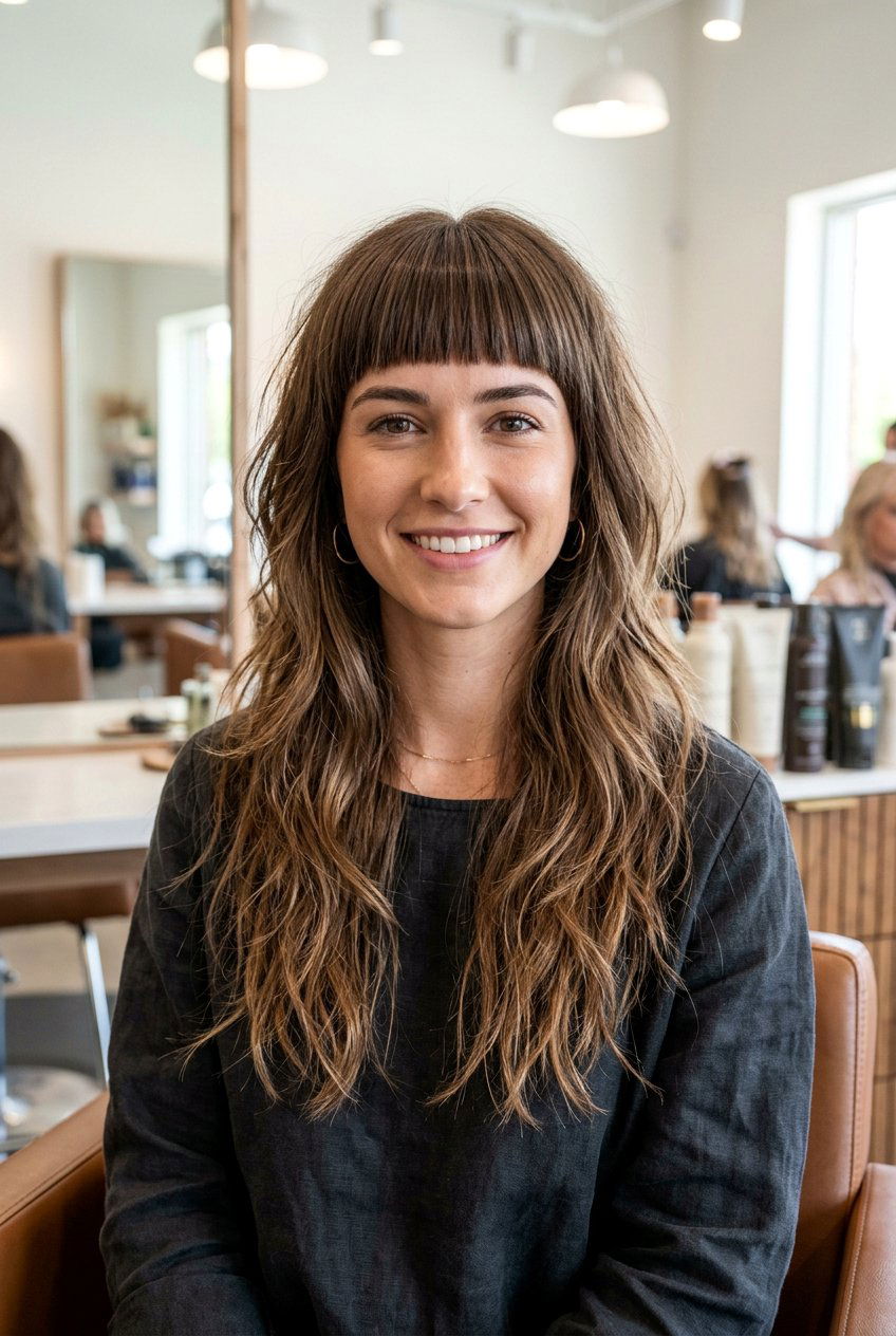 Razor cut long layers with blunt bangs - 20 razor cut long layers - 20 razor cut long layers