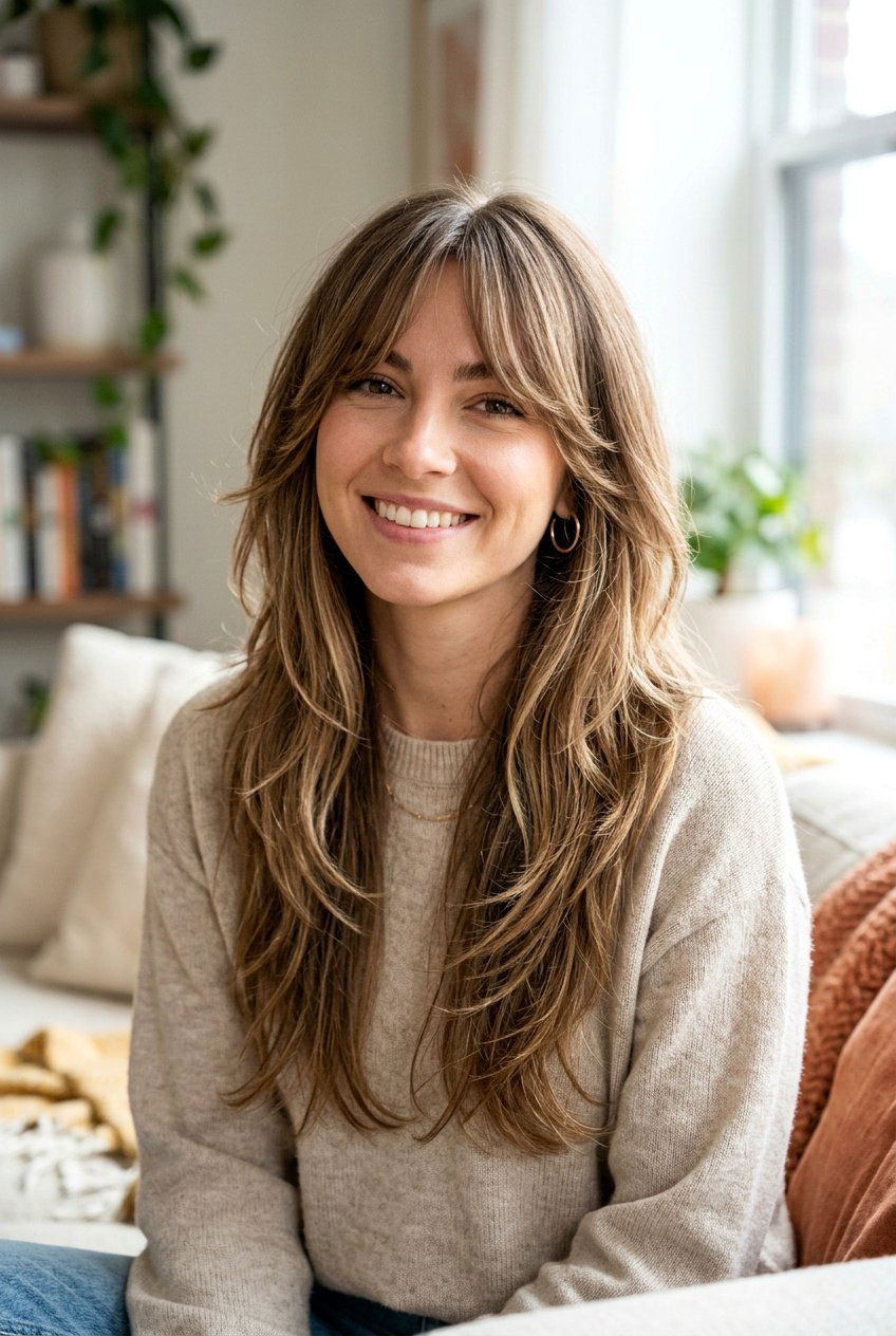 Razor cut long layers with curtain bangs - 20 razor cut long layers - 20 razor cut long layers