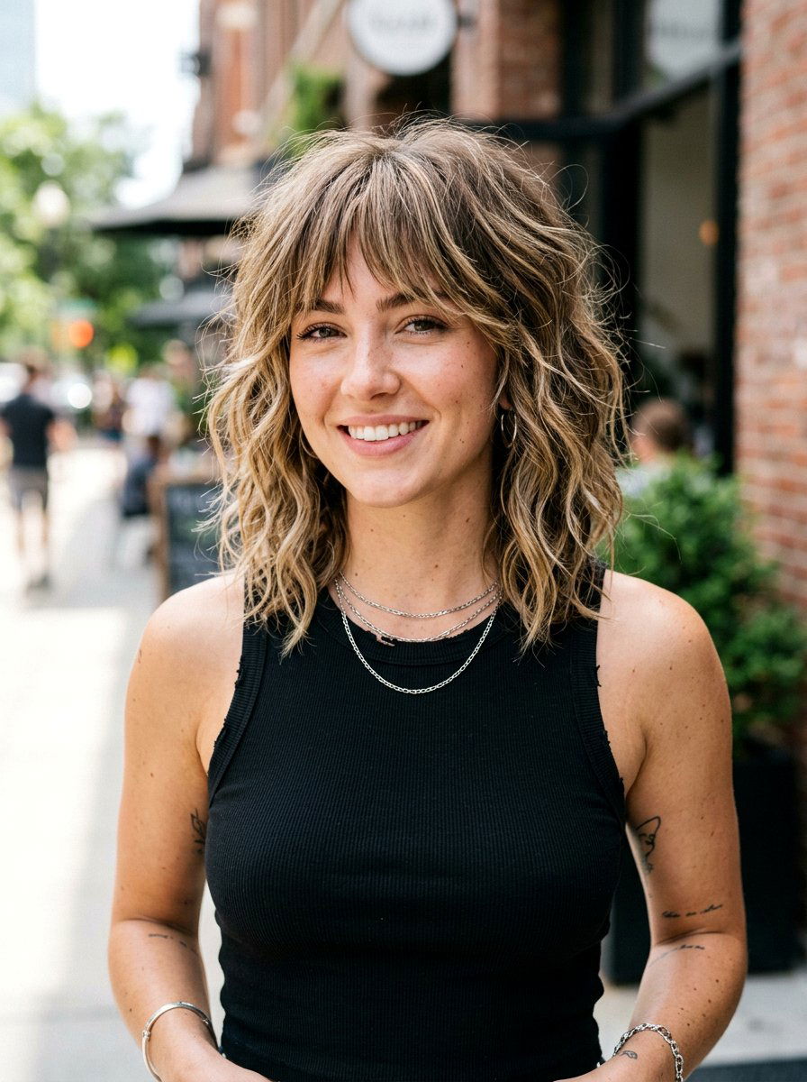 Razored Wavy Lob With Textured Bangs - 20 wavy shoulder length haircut with bangs - 20 wavy shoulder length haircut with bangs
