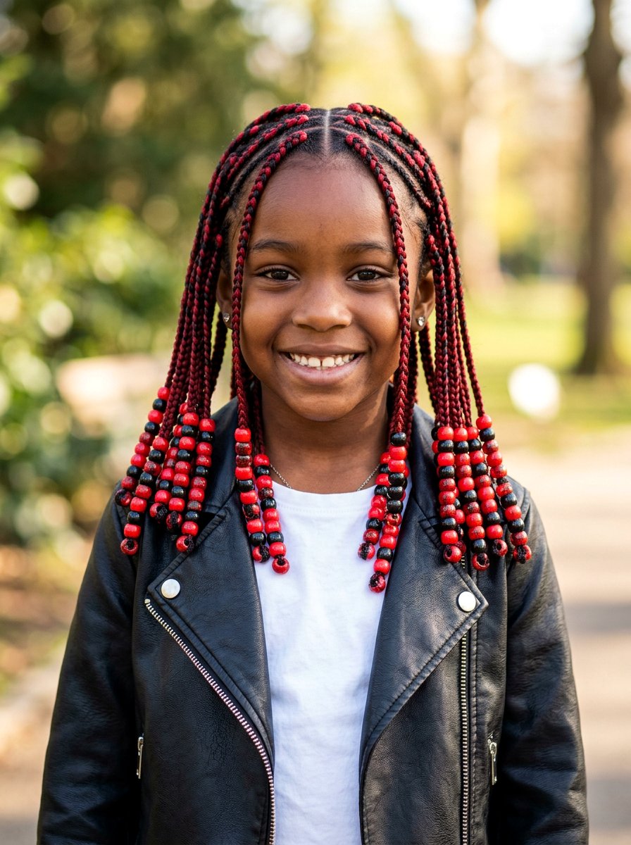 Red And Black Beads Box Braids - 20 kids box braids with beads - 20 kids box braids with beads