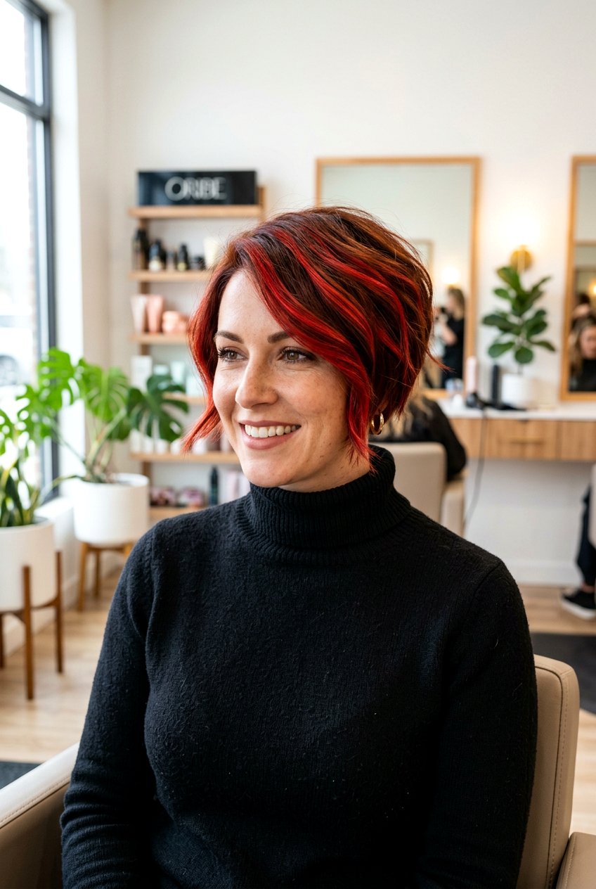 Red Auburn Highlights On A Short Brunette Wedge Cut - 20 autumn auburn highlights for brunettes - 20 autumn auburn highlights for brunettes