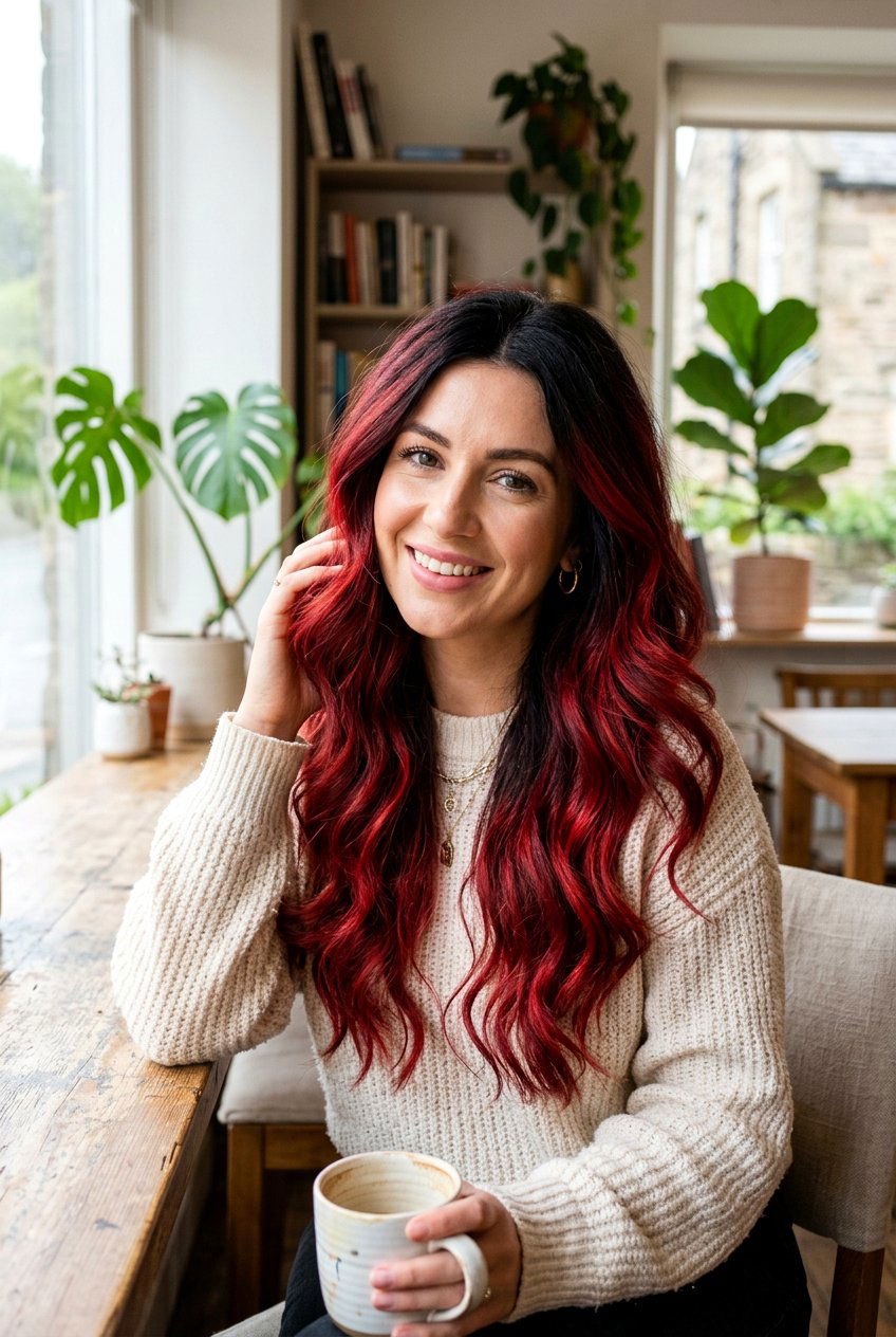 Red Balayage with Black Roots Grown Out - 20 red balayage on black hair - 20 red balayage on black hair