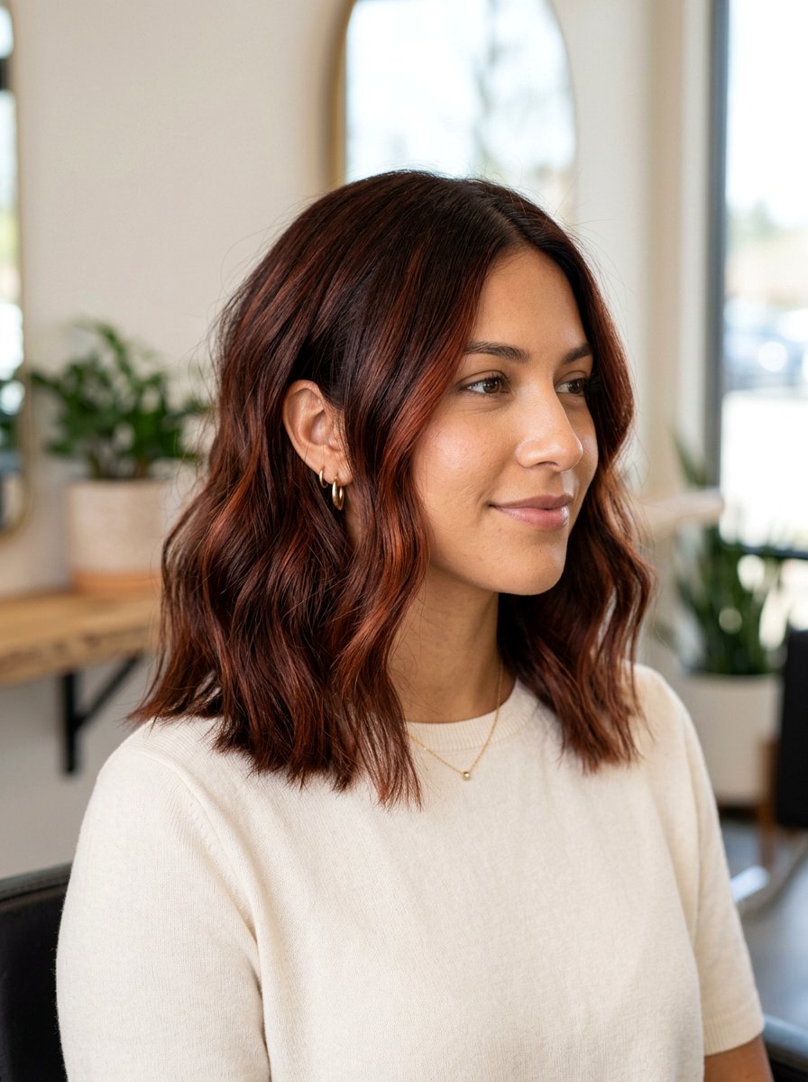 Red Brown Balayage On Shoulder Length Lob - 20 rich red brown balayage - 20 rich red brown balayage