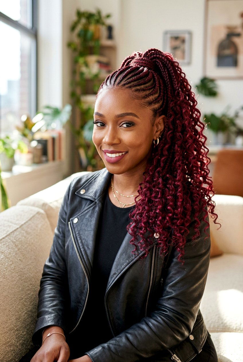 Red Cornrows With Curly Ponytail - 20 cornrows with curly ponytail - 20 cornrows with curly ponytail