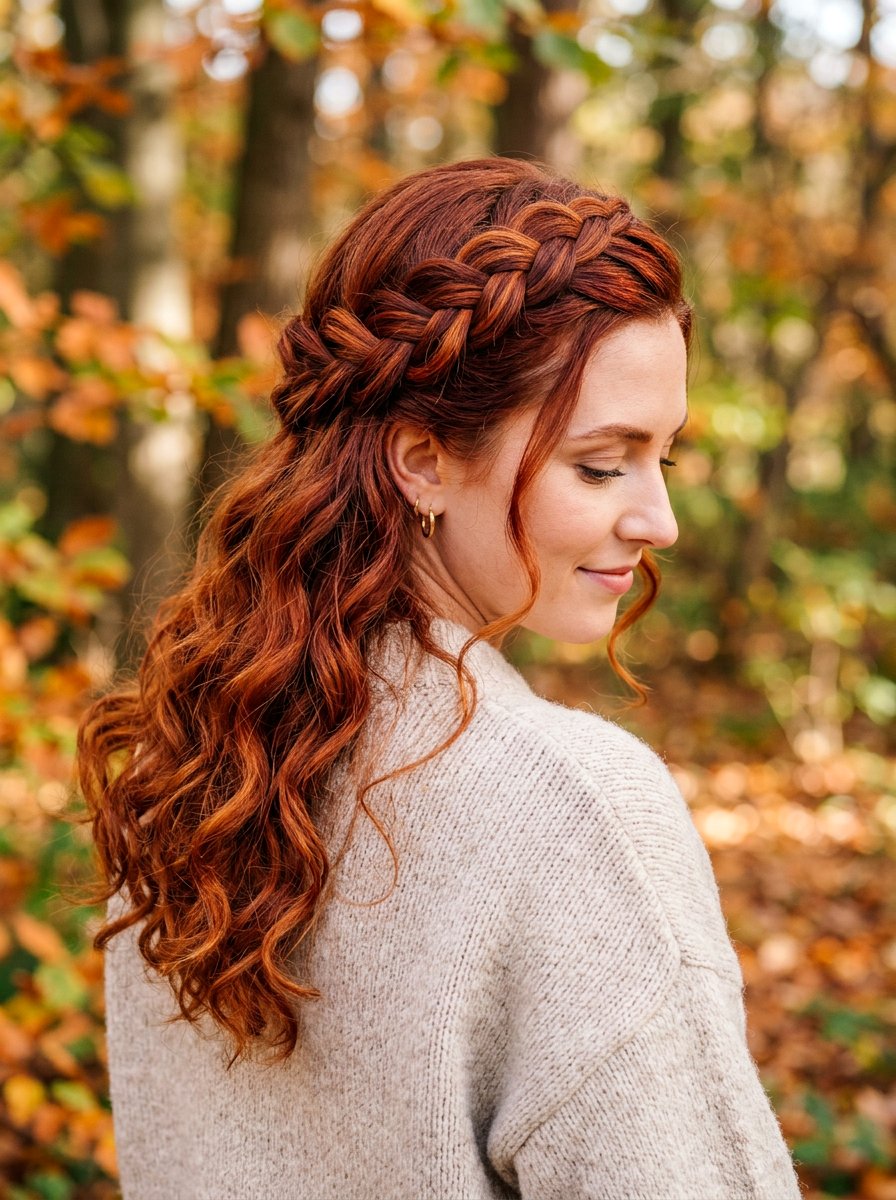 Red Hair Crown Braid With Loose Curls - 20 crown braid with loose curls - 20 crown braid with loose curls