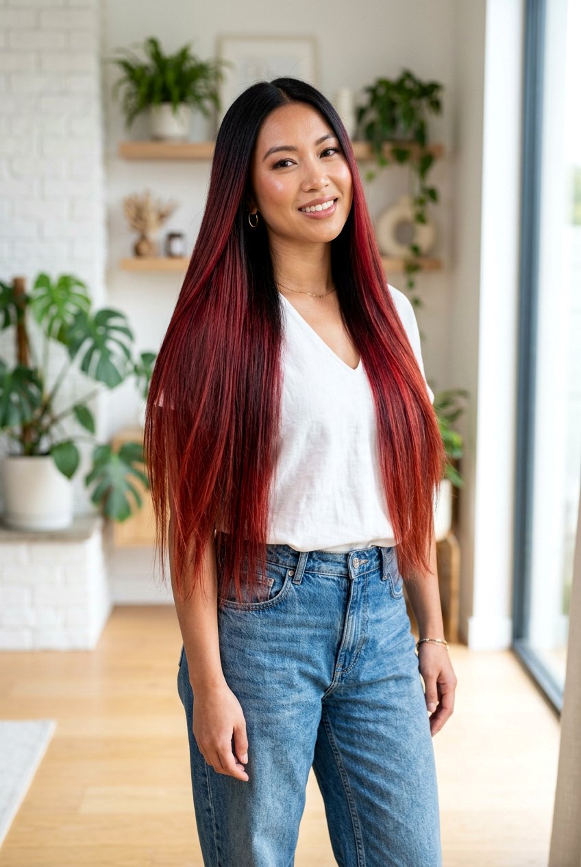 Red Ombre Balayage on Black Hair - 20 red balayage on black hair - 20 red balayage on black hair