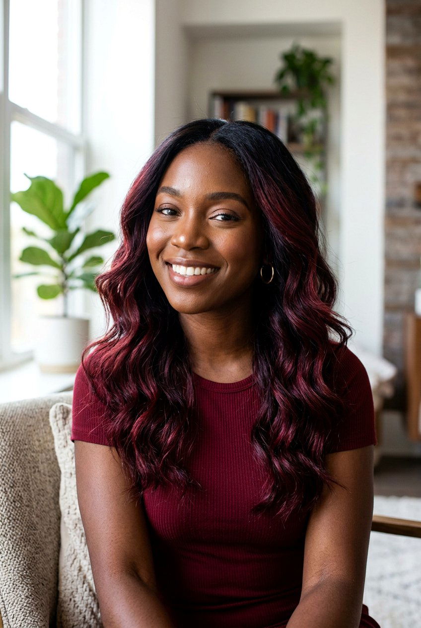 Red Plum Balayage On Dark Hair - 20 plum balayage for black hair women - 20 plum balayage for black hair women