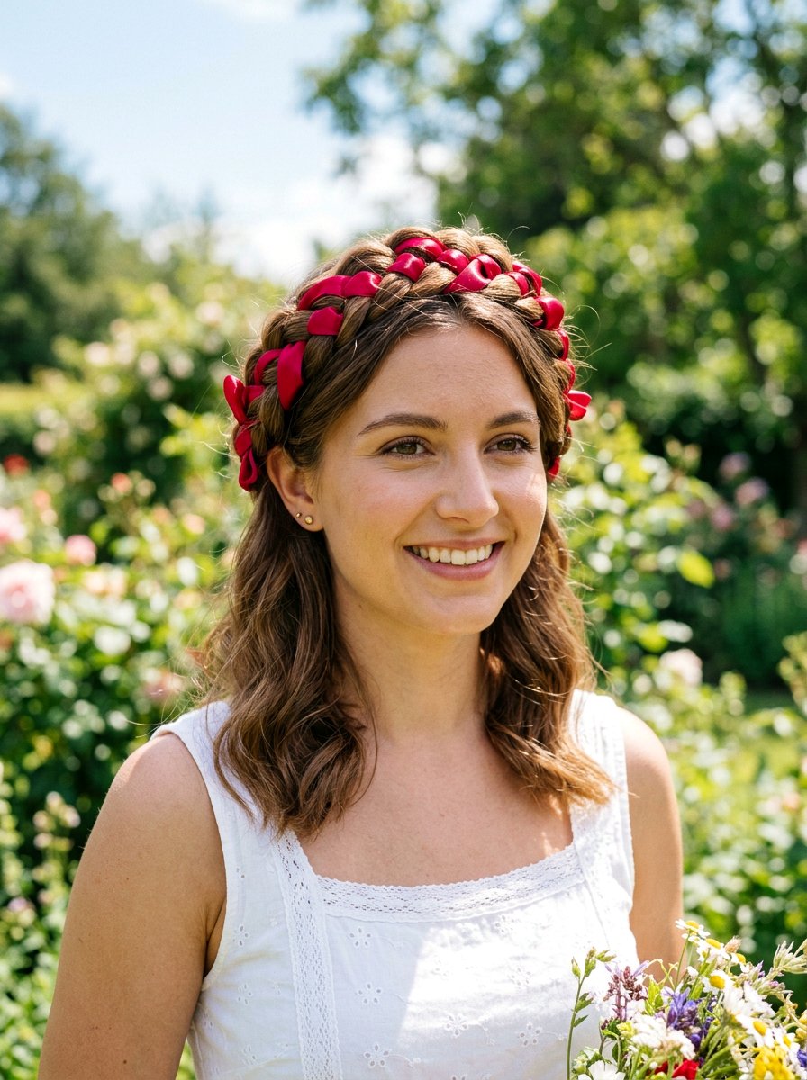 Red Ribbon Braided Crown - 20 red ribbons for medium brown hair - 20 red ribbons for medium brown hair