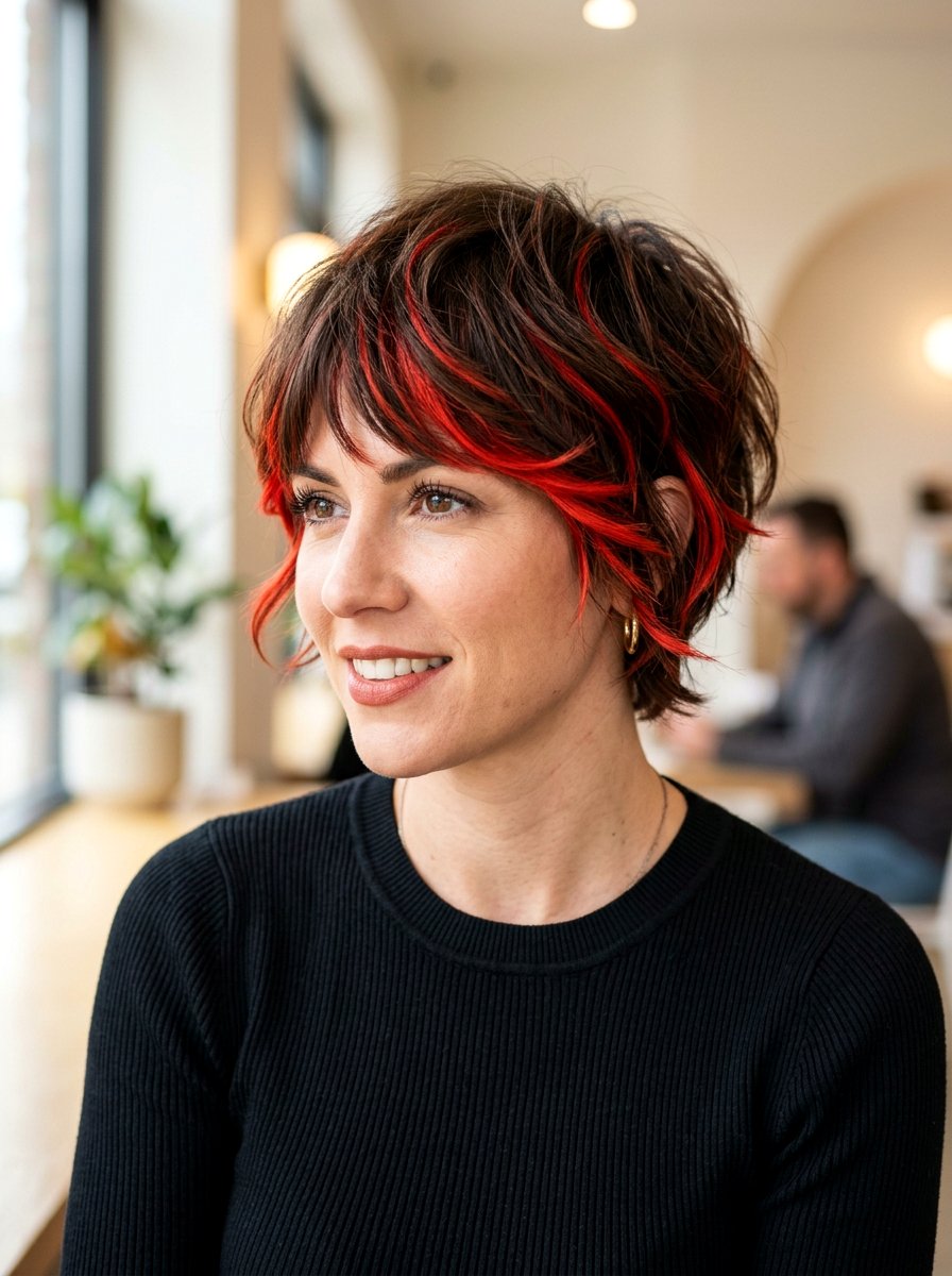 Red Ribbon Highlights On Medium Brown Pixie Bob - 20 ribbon highlights for medium brown hair - 20 ribbon highlights for medium brown hair