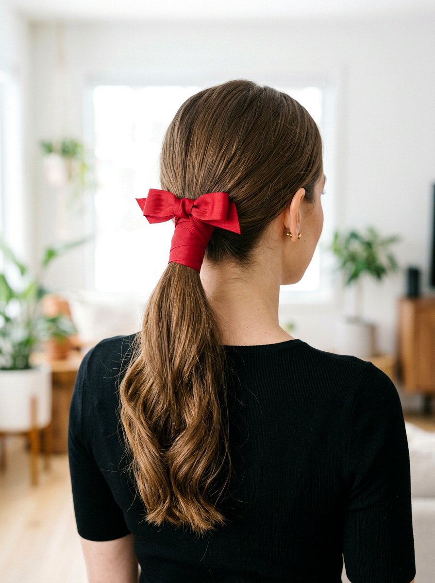 Red Ribbon Ponytail Wrap - 20 red ribbons for medium brown hair - 20 red ribbons for medium brown hair