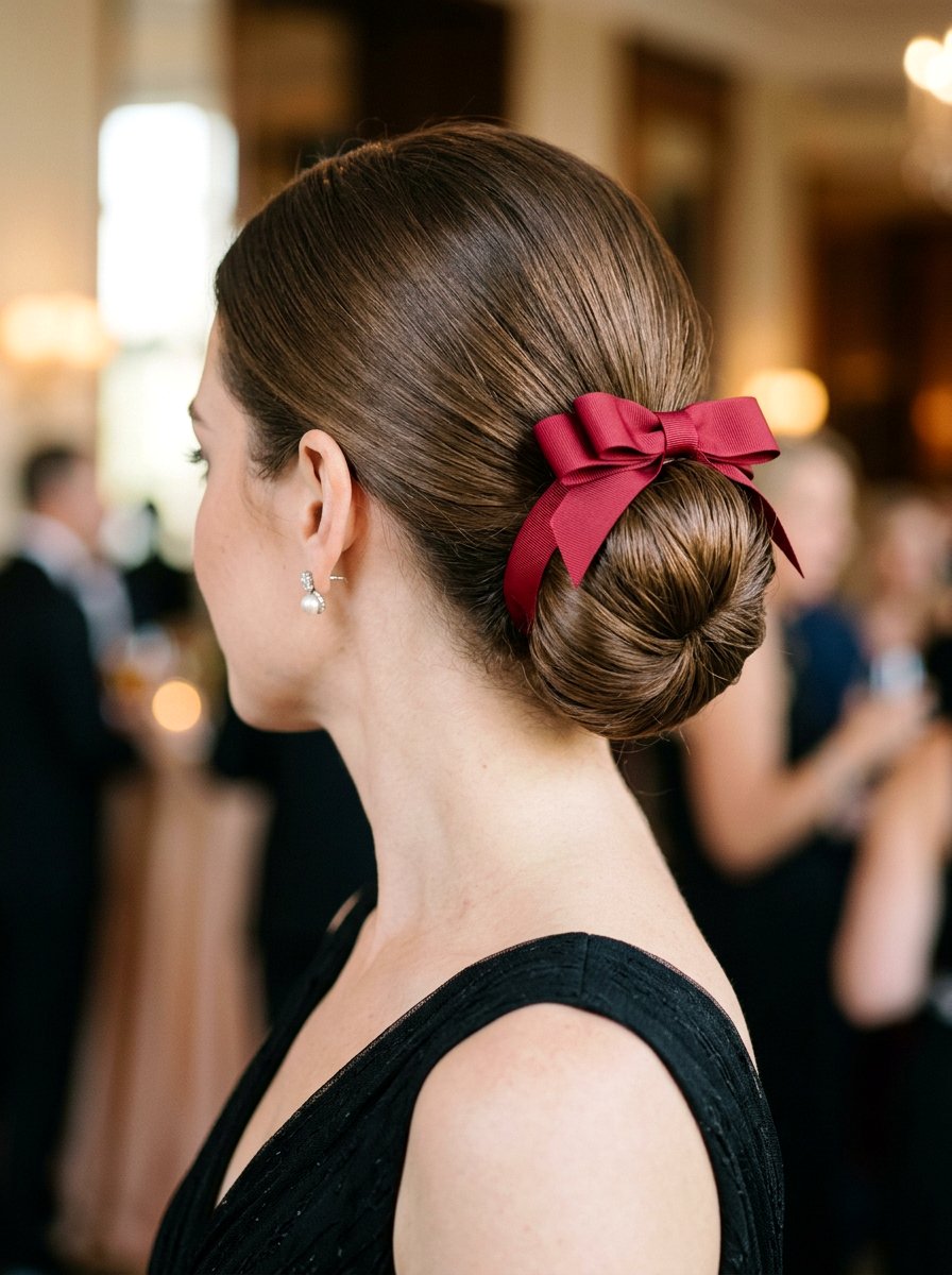 Red Ribbon Wrapped Chignon - 20 red ribbons for medium brown hair - 20 red ribbons for medium brown hair