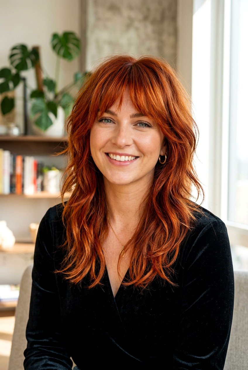 Red Shag With Copper Fringe - 20 shag haircut with wispy fringe - 20 shag haircut with wispy fringe