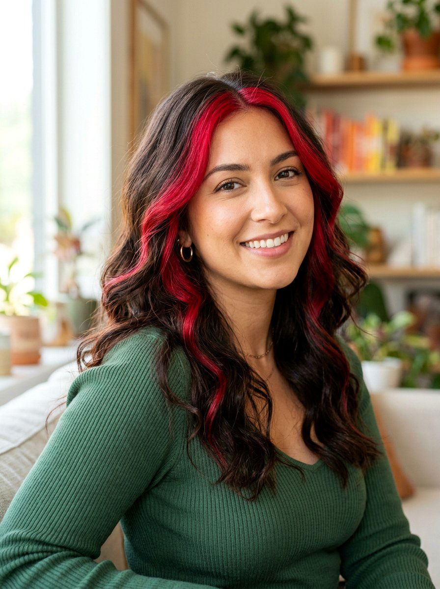 Red Skunk Stripe Money Piece Highlights - 20 skunk stripe money piece hair - 20 skunk stripe money piece hair