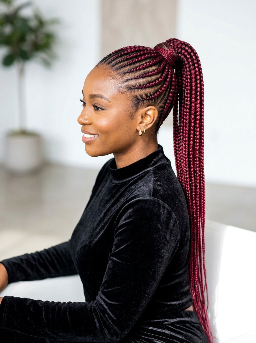Red Straight Back Cornrows Into Ponytail - 20 straight back cornrows with ponytail - 20 straight back cornrows with ponytail
