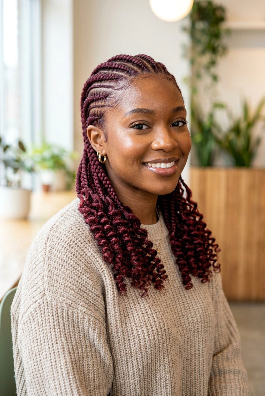 Red Tinted Cornrows With Coily Ends - 20 straight back cornrows with curly ends - 20 straight back cornrows with curly ends