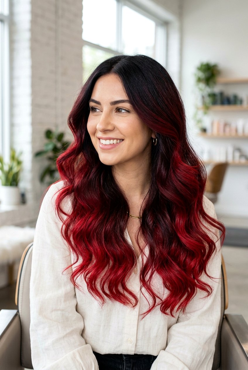 Red and Black Color Melt Balayage - 20 red balayage on black hair - 20 red balayage on black hair