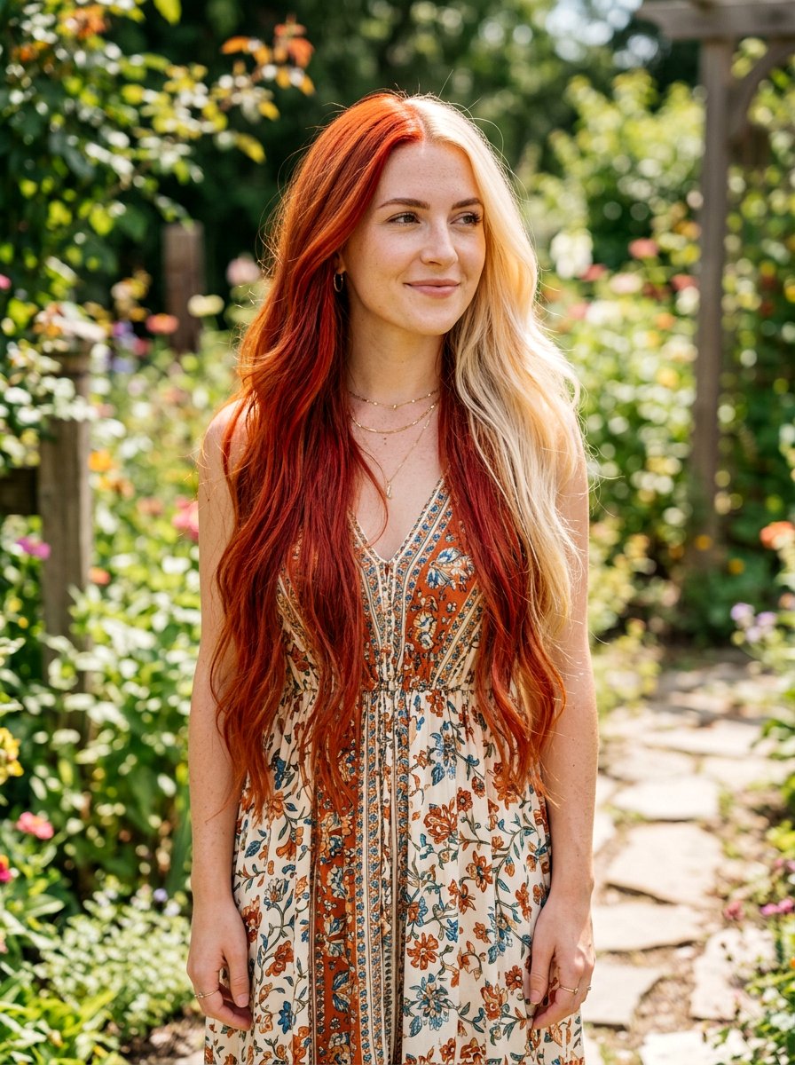 Red and Blonde Split Dye on Long Hair - 20 red and blonde split dye hair - 20 red and blonde split dye hair