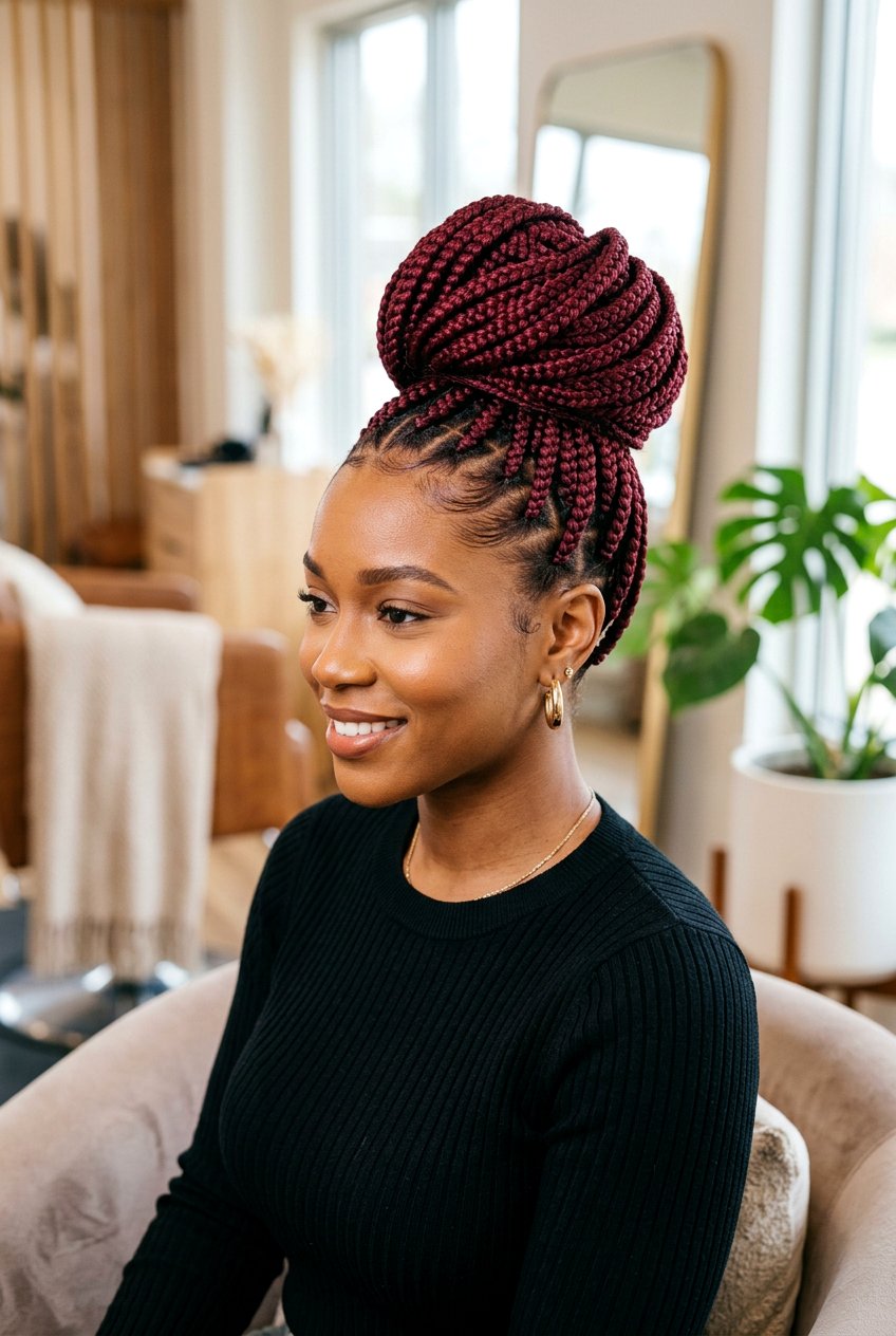 Red box braids bun - 20 box braids bun hairstyle - 20 box braids bun hairstyle