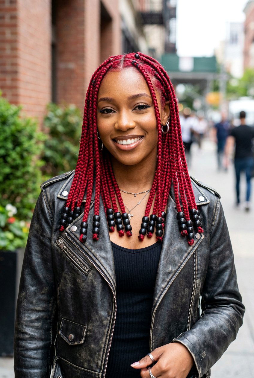 Red box braids with black beads - 20 box braids with beads - 20 box braids with beads