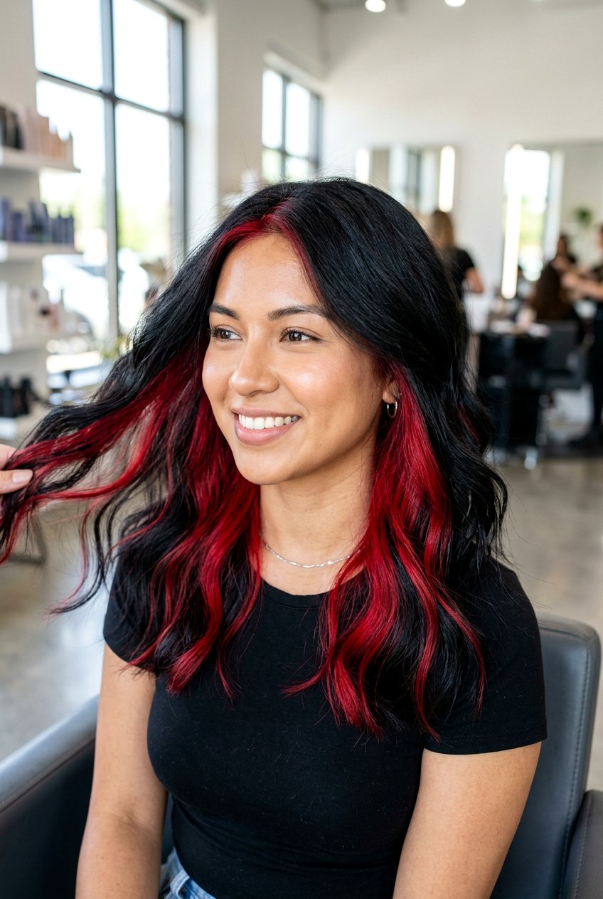 Red peekaboo on black hair - 20 peekaboo hair color - 20 peekaboo hair color