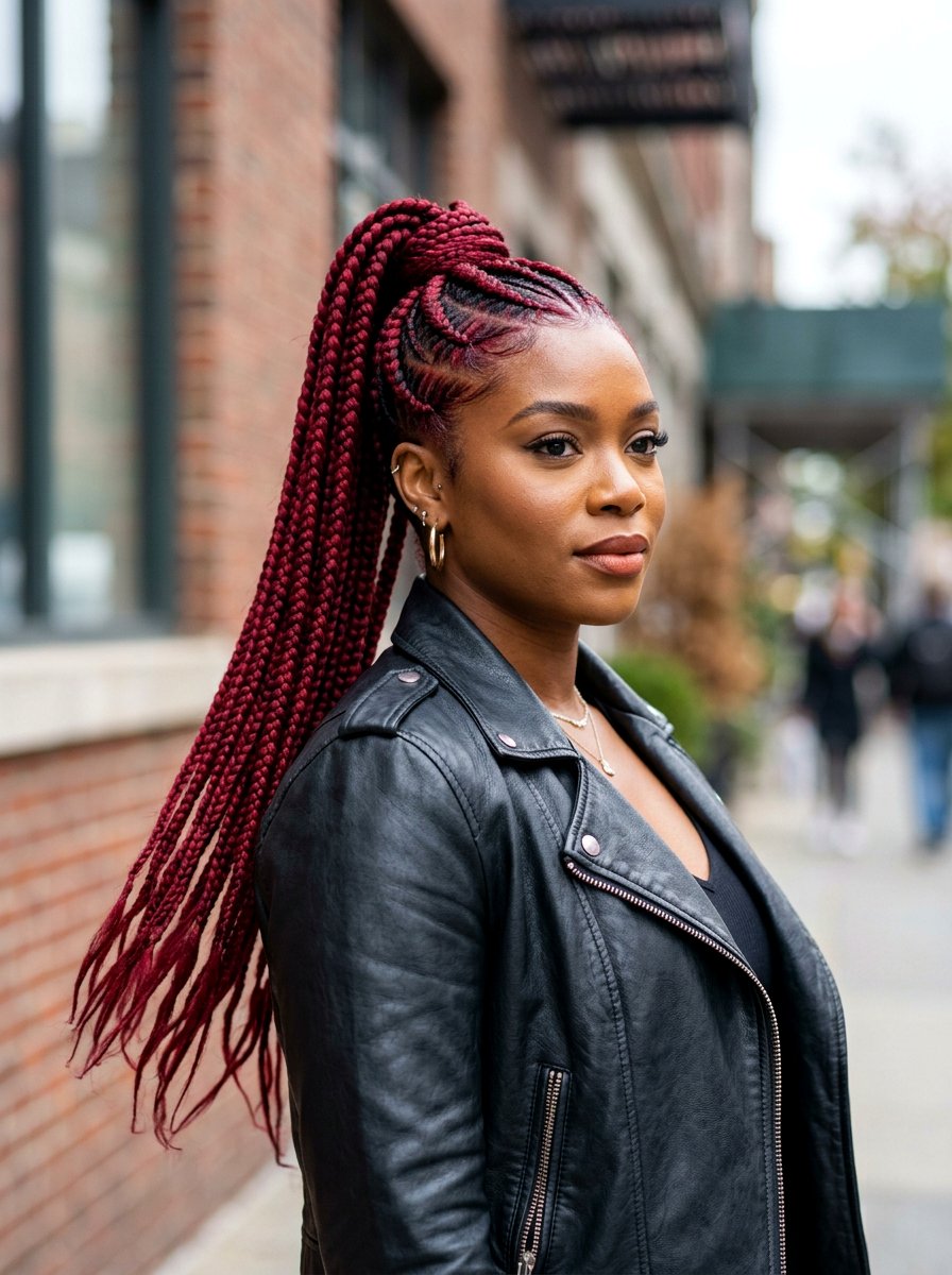 Red stitch braids into ponytail - 20 stitch braids into ponytail - 20 stitch braids into ponytail