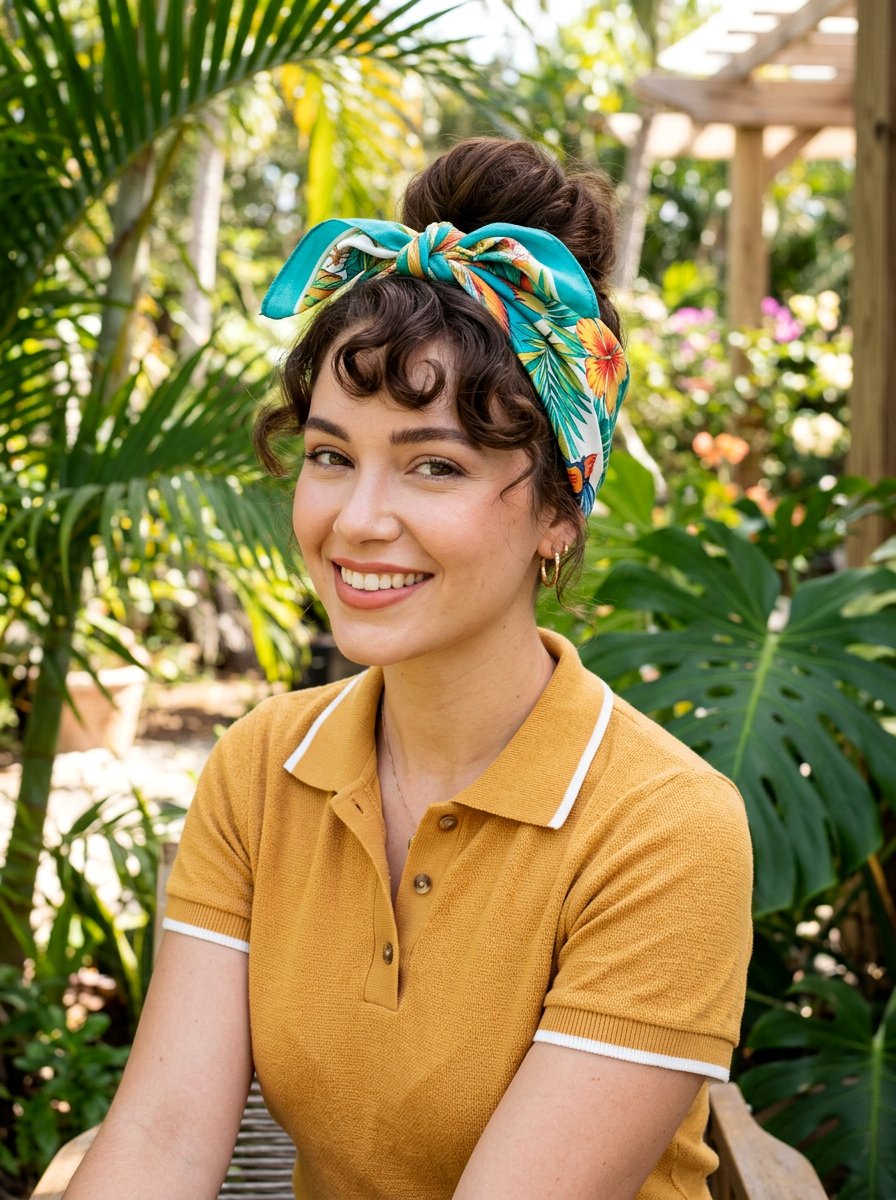 Retro Bandana Hairstyle With Tropical Scarf - 20 vacation hairstyle with tropical scarf - 20 vacation hairstyle with tropical scarf