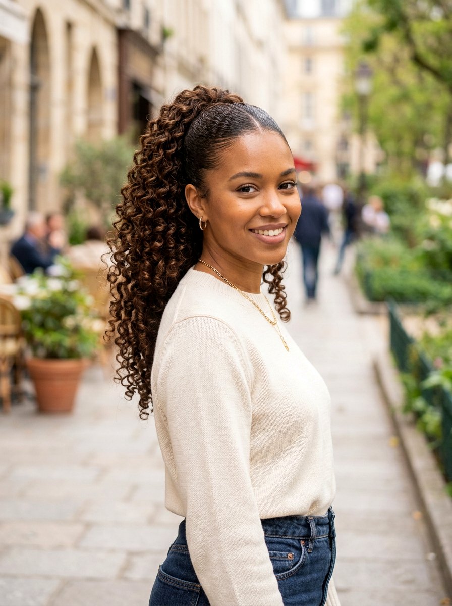 Retro Curly Ponytail With Center Part - 20 date night hairstyle with sleek center part - 20 date night hairstyle with sleek center part