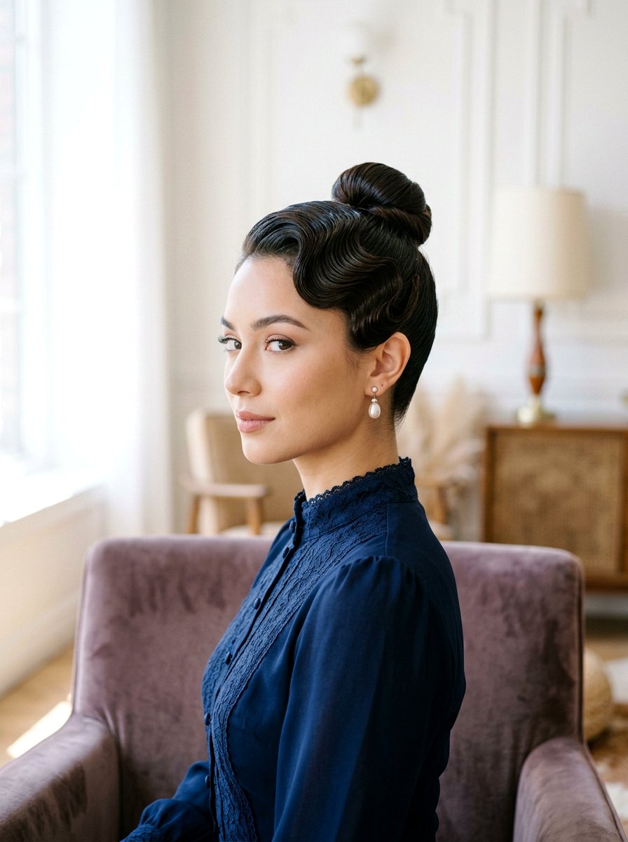 Retro Sleek Top Knot - 20 party hairstyle with sleek top knot - 20 party hairstyle with sleek top knot