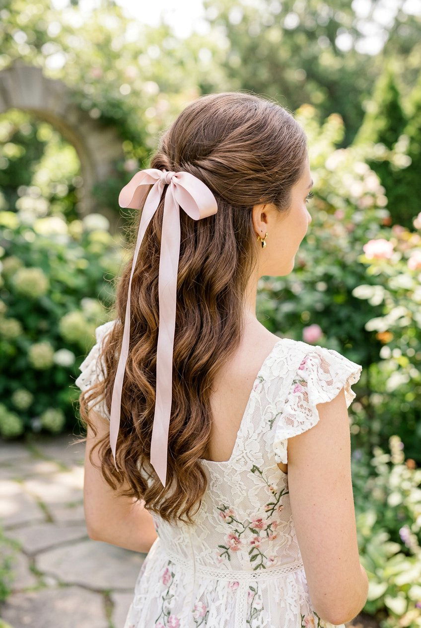 Ribbon Bow Half Up With Loose Curls - 20 bow hairstyles for women - 20 bow hairstyles for women