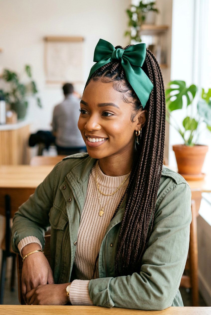 Ribbon Bow On Box Braids Or Protective Styles - 20 bow hairstyles for women - 20 bow hairstyles for women