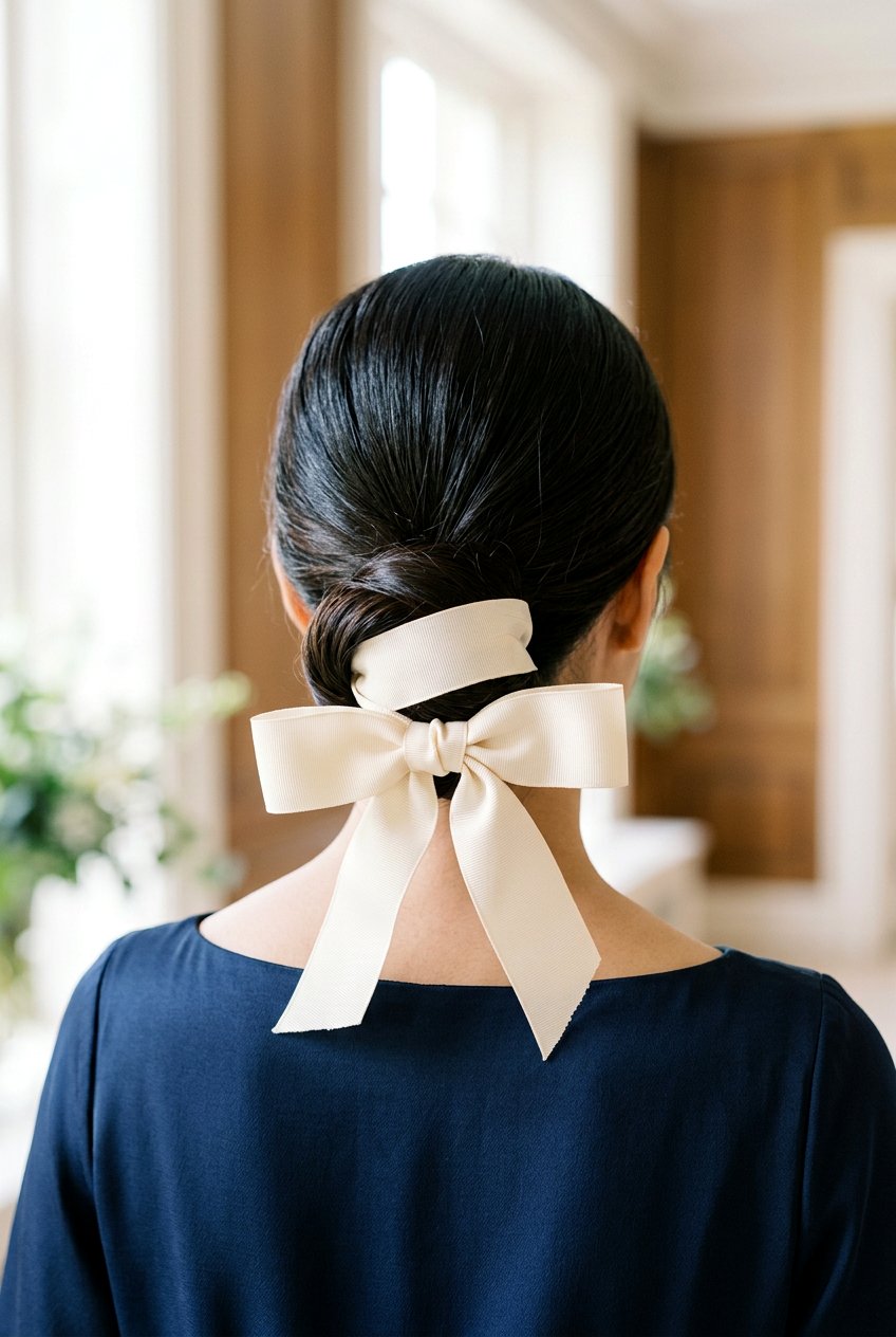 Ribbon Bow Wrapped Around Low Bun - 20 bow hairstyles for women - 20 bow hairstyles for women