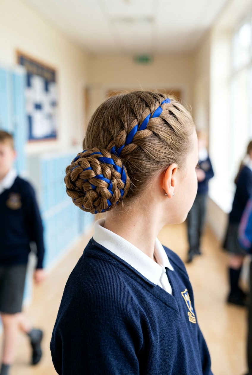 Ribbon Braid Bun - 20 quick bun for school girls - 20 quick bun for school girls