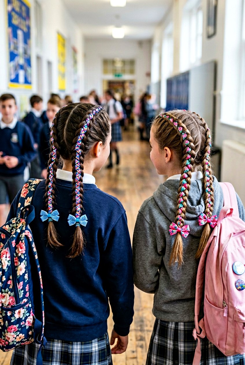 Ribbon Double Dutch Braids - 20 cute school hairstyle with ribbon - 20 cute school hairstyle with ribbon