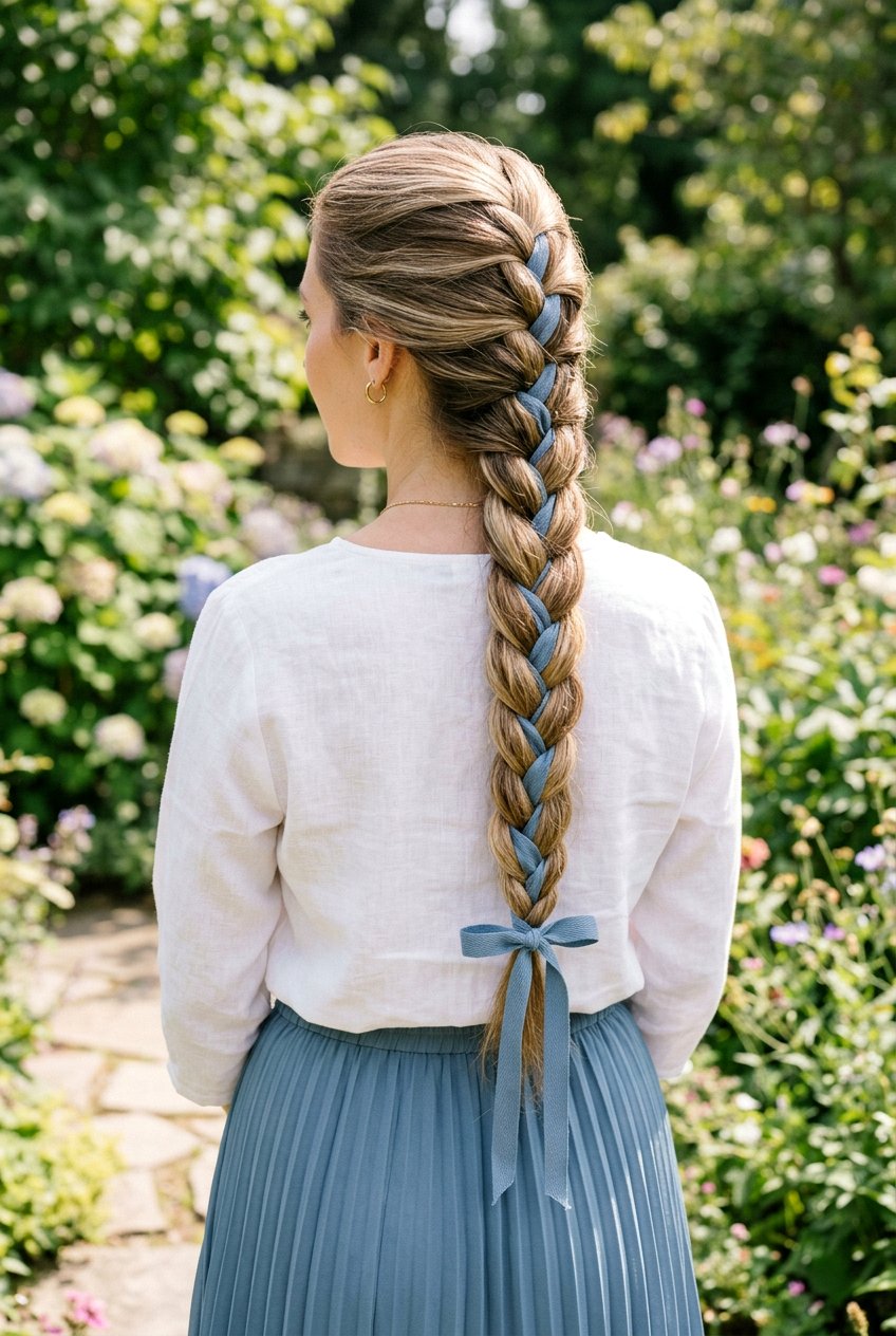 Ribbon Intertwined Braid - 20 light academia braid hairstyle - 20 light academia braid hairstyle