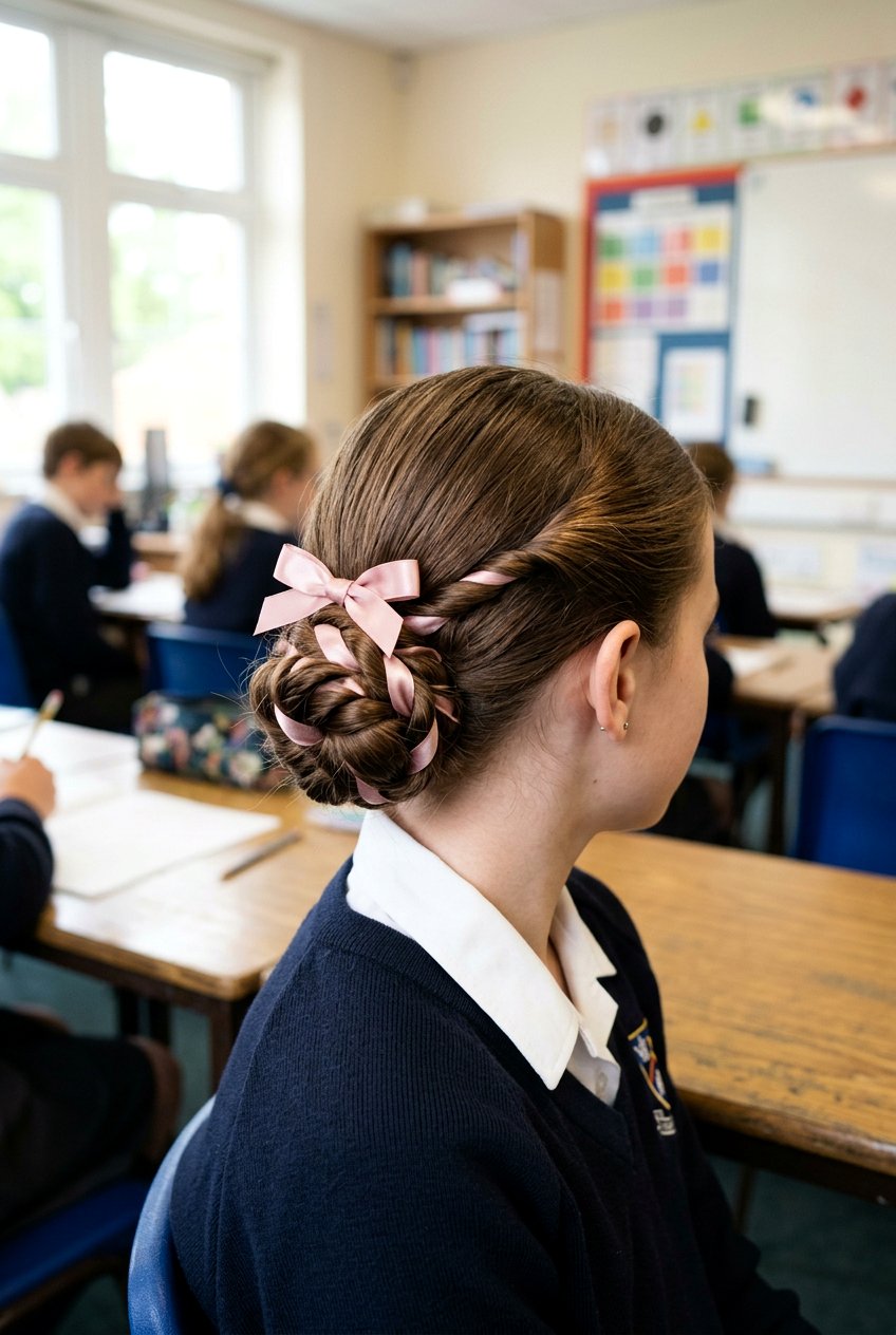 Ribbon Low Twisted Updo - 20 cute school hairstyle with ribbon